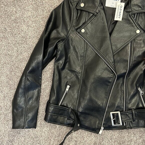 Old Navy Women's Faux Leather Belted Biker Jacket Size XS Black Full Zip NWT - Picture 10 of 16